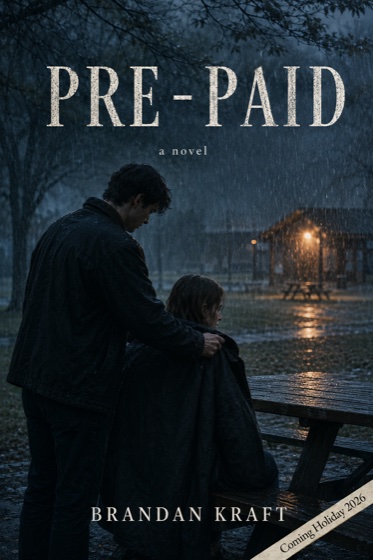 Pre-Paid — book cover: a man drapes his jacket over a young woman in the rain